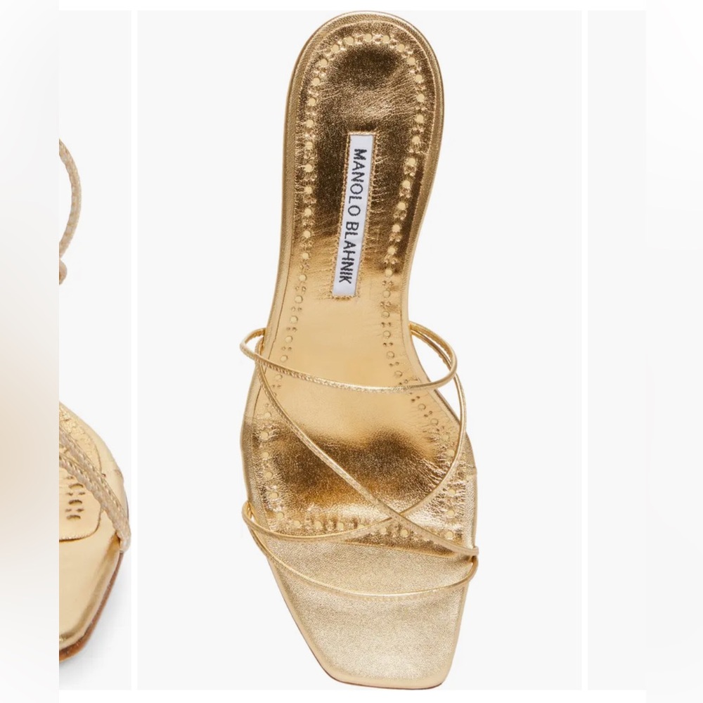 Manolo Blahnik Metallic Gold Strappy Kitten Heel Sandals - Picture 5 of 12